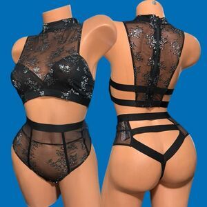 Victorias Secret Very Sexy High Neck Metallic Mesh Lace bralette bra & panty Set